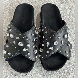 Rebecca Minkoff Black Crystal Rhinestone Studded Flats Shoes Sandals 6.5.